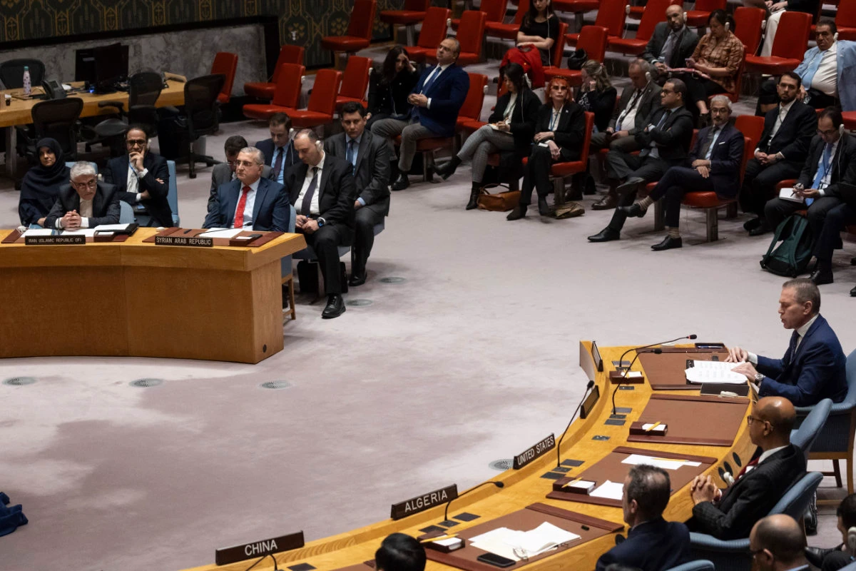 Iran’s UN Ambassador Amir Saeid Iravani, top left, listens as Israel’s Ambassador Gilad Erdan addresses the United Nations Security Council during an emergency meeting at UN headquarters on April 14, 2024. (AP)
