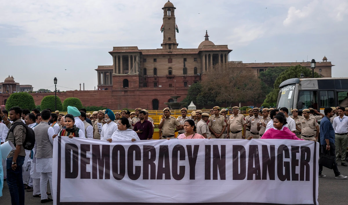 Lawmakers from India's opposition parties protest against the government of Prime Minister Narendra Modi outside the parliament in New Delhi, India, on March 24, 2023. (AP)