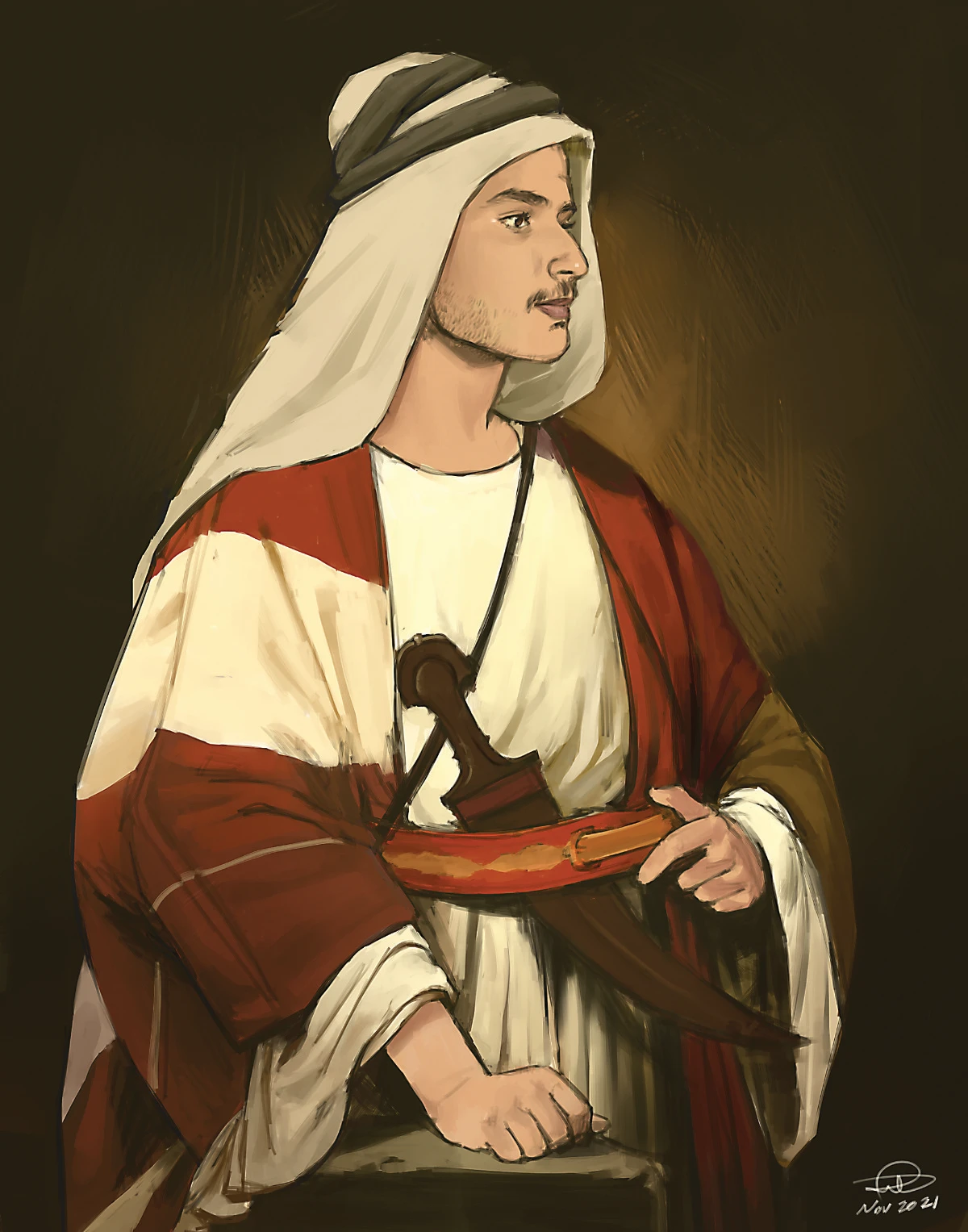 Almasoud’s painting of a man selling ramsi tomatoes, the seasonal heirloom fruits with green ‘shoulders’ found in Qatif. (Supplied)