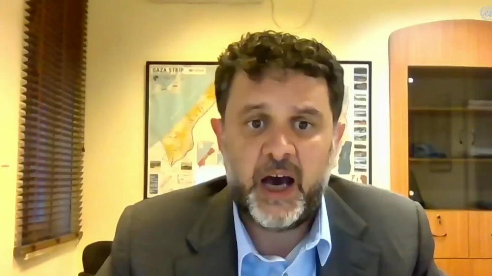 Andrea De Domenico, head of the UN’s Office for the Coordination of Humanitarian Affairs operations in the Occupied Palestinian Territories, speaking during the briefing. (Screenshot/UNTV)