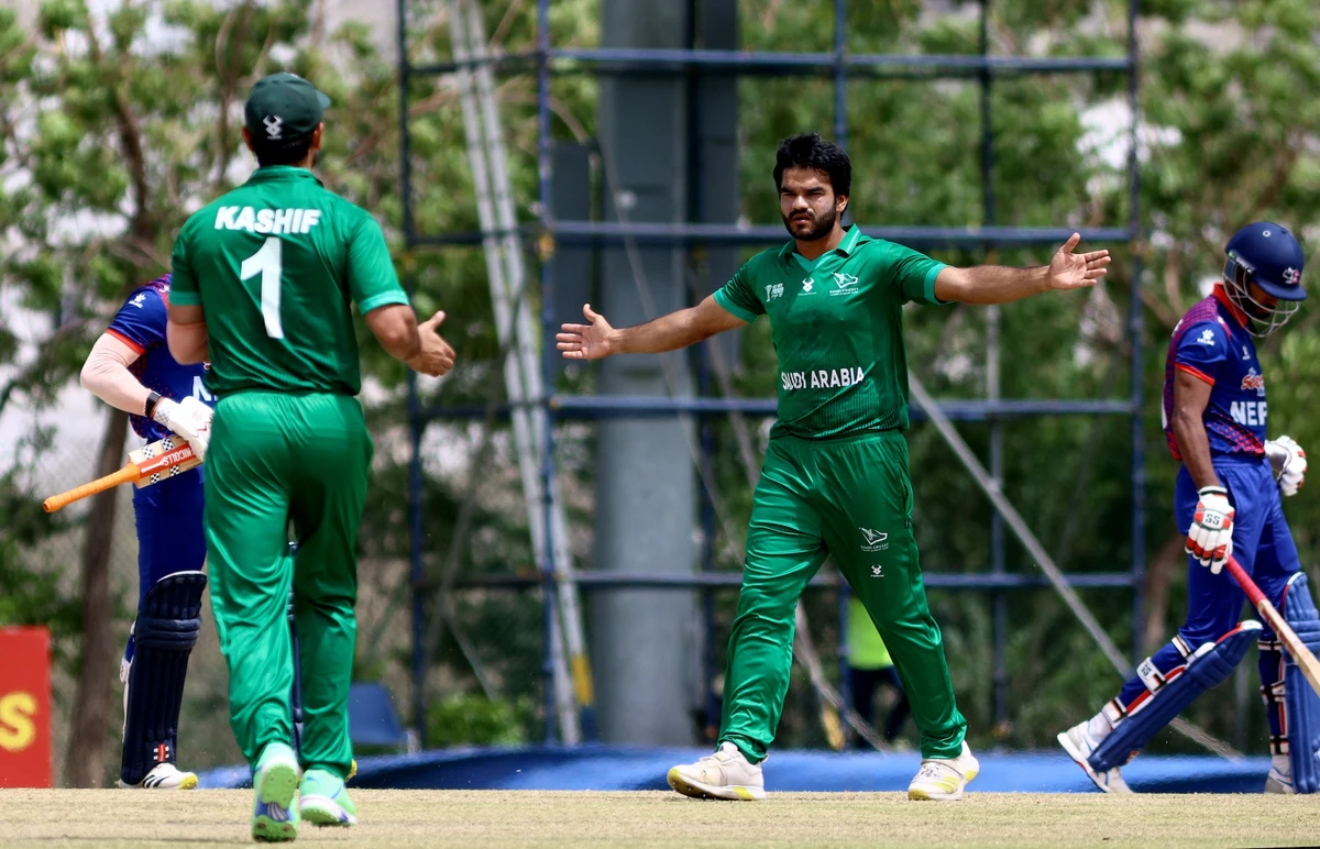 Ishtiaq Ahmad of Saudi Arabia celebrates a wicket in the ACC Men's Premier Cup 2024 Group A match between Nepal and Saudi Arabia at Oman Cricket Stadium Muscat (AN/Subas Humagain)