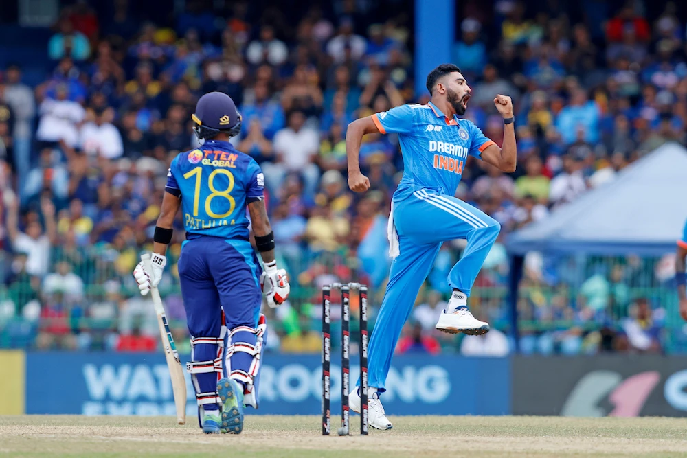 Mohammed Siraj of India celebrates the wicket of Pathum Nissanaka of Sri Lanka during the Final of the Asia Cup 2023 match between India and Sri Lanka. (AFP)