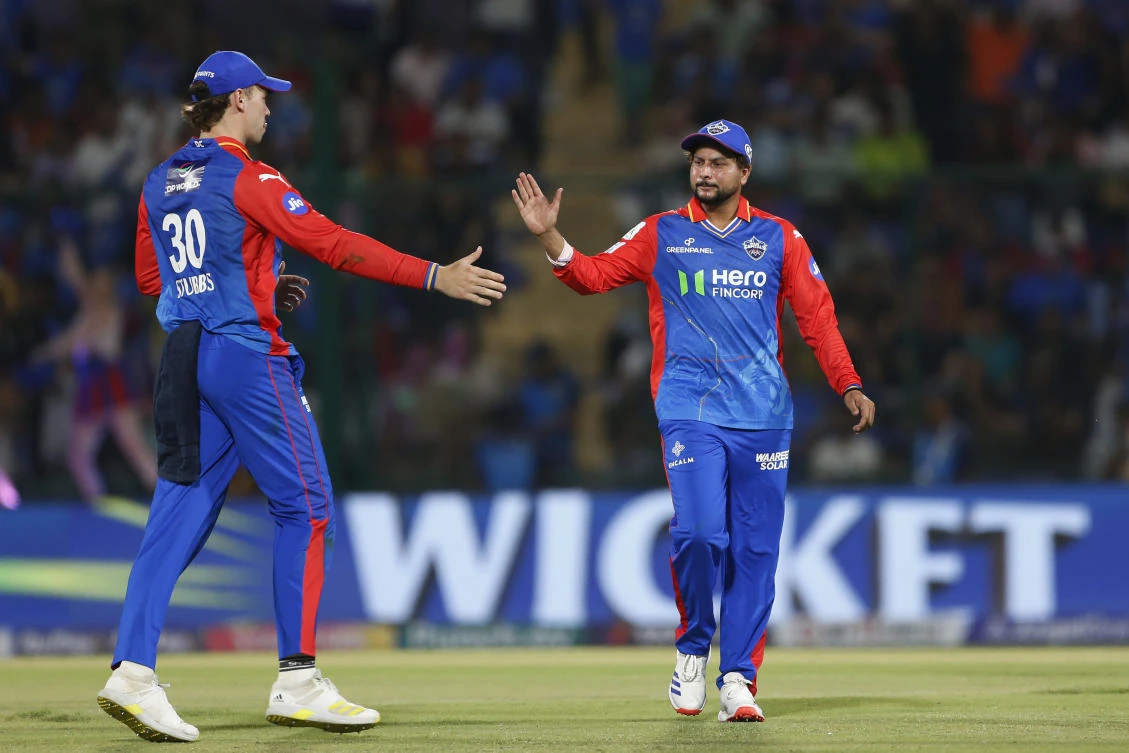 Delhi Capitals’ Kuldeep Yadav, right, celebrates the wicket of Sunrisers Hyderabad’s Nitish Kumar Reddy during the IPL match between Delhi Capitals and Sunrisers Hyderabad in New Delhi. (AP)
