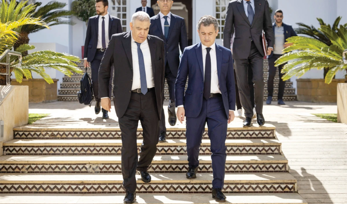 Moroccan Interior Minister Abdelouafi Laftit receives his conuterpart Gérald Darmanin in Rabat on Monday. (AFP)