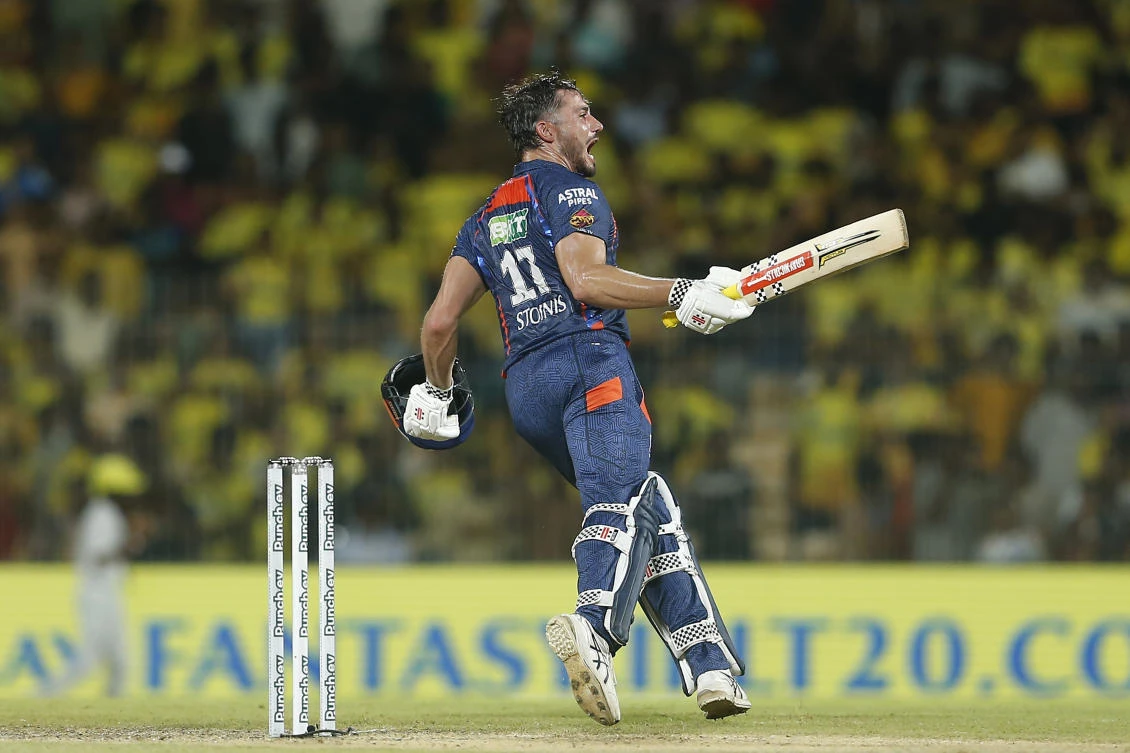 Lucknow Super Giants’ Marcus Stoinis celebrates after scoring the winning runs in the IPL cricket match against Chennai Super Kings in Chennai, India, Tuesday, Apr. 23, 2024. (AP Photo)