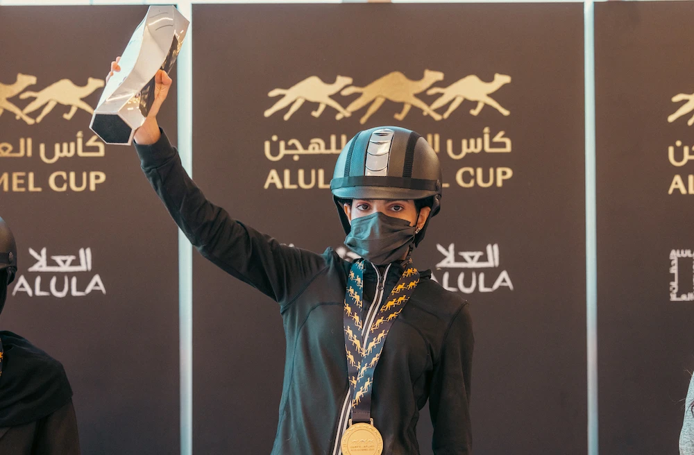 The first Saudi camel race winner Rima Al-Harbi at the AlUla Camel Cup. (Supplied)