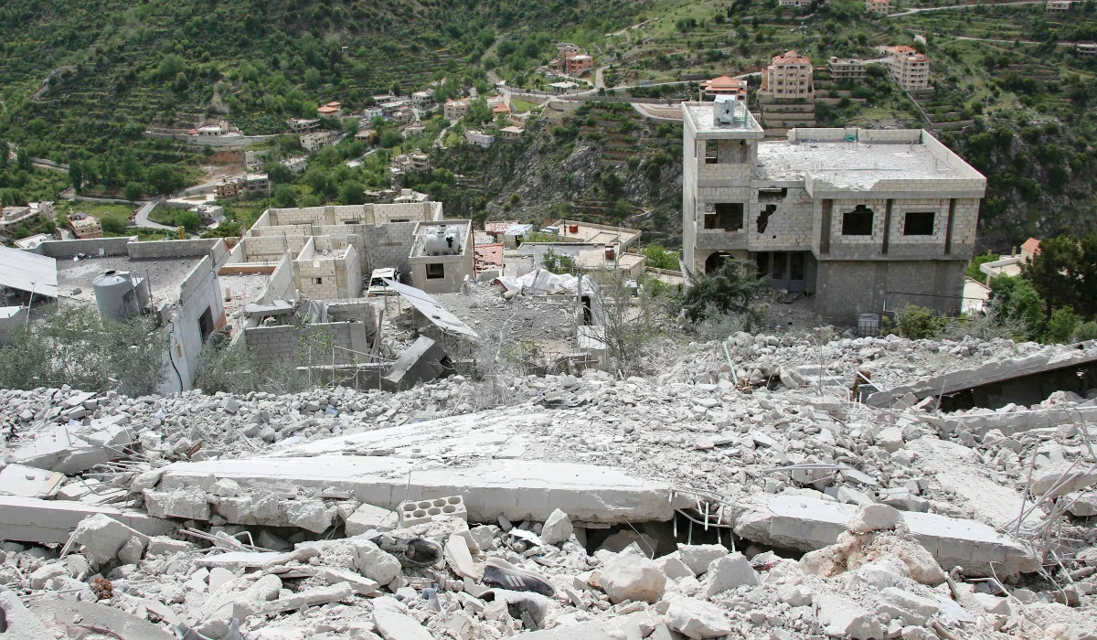 A house lies in ruins in the border area of Shebaa in southern Lebanon, following an Israeli strike on April 27, 2024. (AFP)