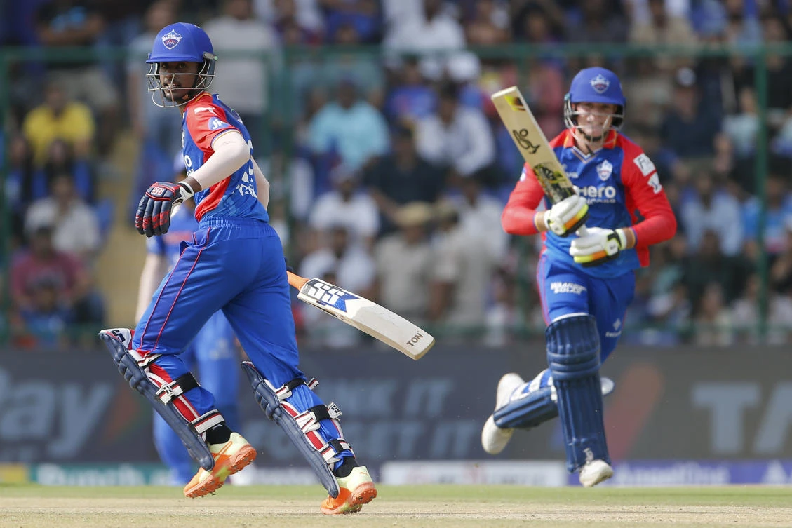 Delhi Capitals’ Abishek Porel, left, and Jake Fraser-McGurk, right, runs between the wickets during the IPL match between Delhi Capitals and Mumbai Indians in New Delhi. (AP)