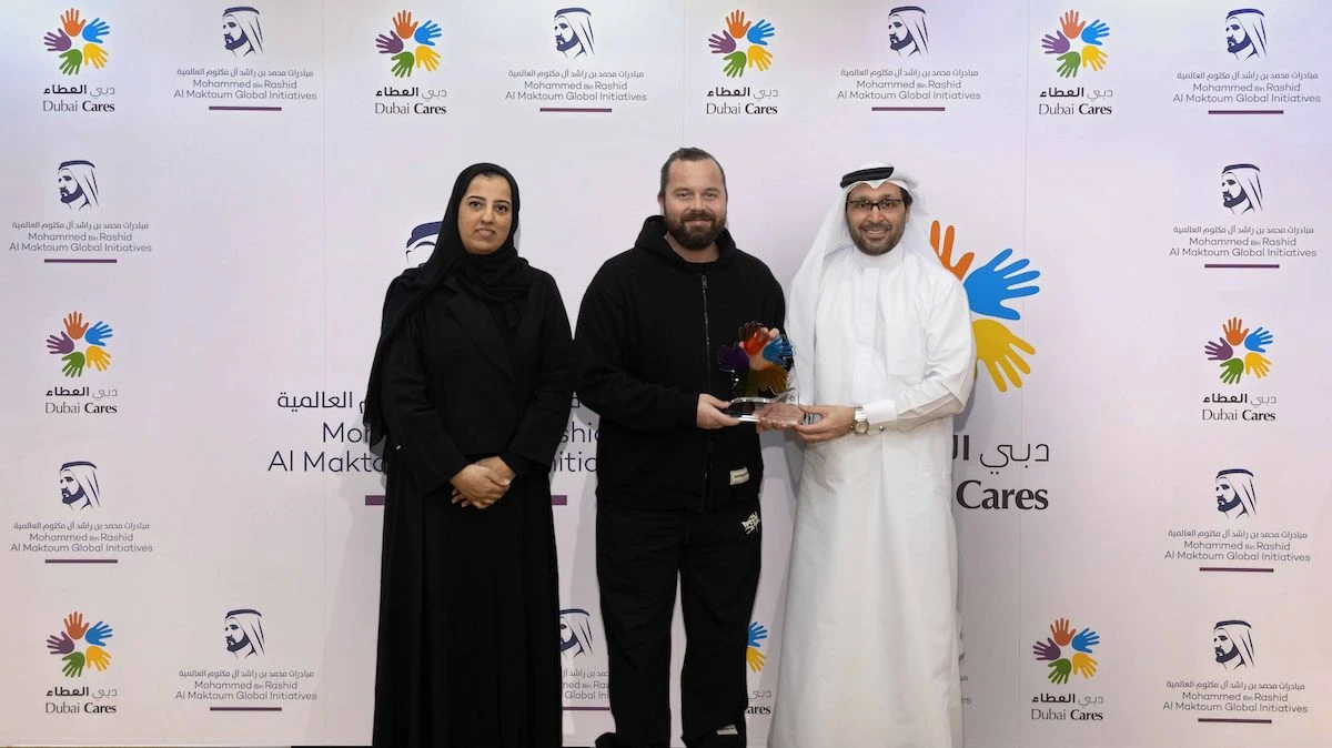 Dr. Tariq Al-Gurg, CEO of Dubai Cares, and Dominic Nowell-Barnes, founder of The Giving Movement. (WAM)
