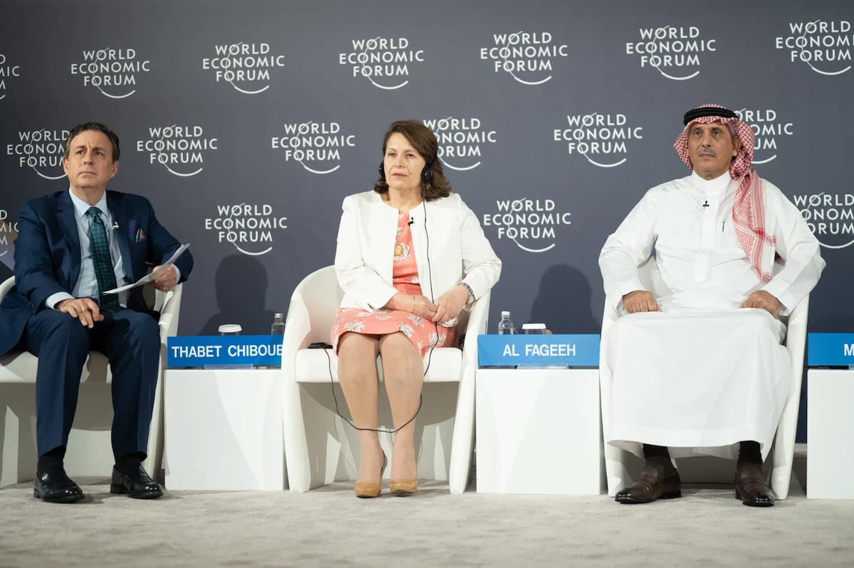 Abdulrahman Al-Fageeh (R), CEO of the Saudi Basic Industries Corporation, was speaking at the “Demand for Energy ... Transforming Costs into Gains” panel during the special meeting of the WEF in Riyadh. (WEF)