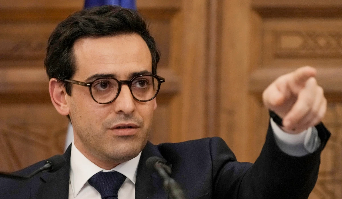 French Foreign Minister Stephane Sejourne gestures as he speaks during a press conference at the Pine Palace, which is the residence of the French ambassador, in Beirut, Lebanon, Sunday, April 28, 2024. (AP)