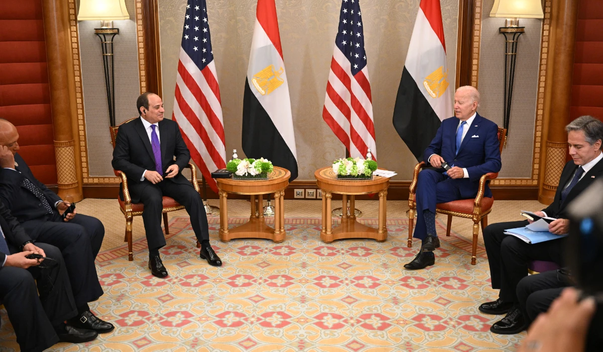 US President Joe Biden (C-R) and Secretary of State Antony Blinken (R) meet with Egyptian President Abdel Fattah Al-Sisi (C-L), Foreign Minister Sameh Shoukri (L), and other officials (unseen) during a bilateral meeting at a hotel in Saudi Arabia's Red Sea coastal city of Jeddah on July 16, 2022. (AFP)