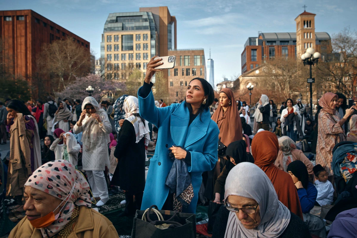 Muslims gather to perform an Eid Al-Fitr prayer at Washington Square Park on Wednesday, April 10, 2024, in New York. (AP)