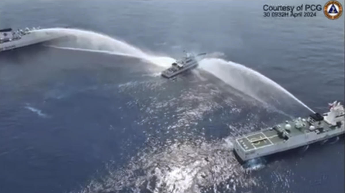 Philippine Coast Guard vessel, BRP BAGACAY was previously water cannoned by Chinese Coast Guard as it tried to approach the waters near Scarborough Shoal at the South China Sea on Tuesday, April 30, 2024. (FILE/AP)