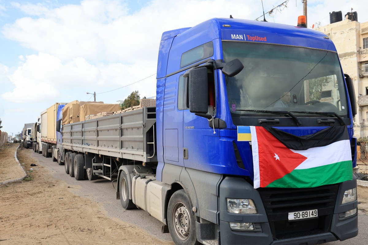 This file photo shows an aid convoy transporting a Jordanian field hospital arrives in Khan Yunis in the southern Gaza Strip on November 20, 2023, after crossing through the Rafah border crossing with Egypt. (AFP)
