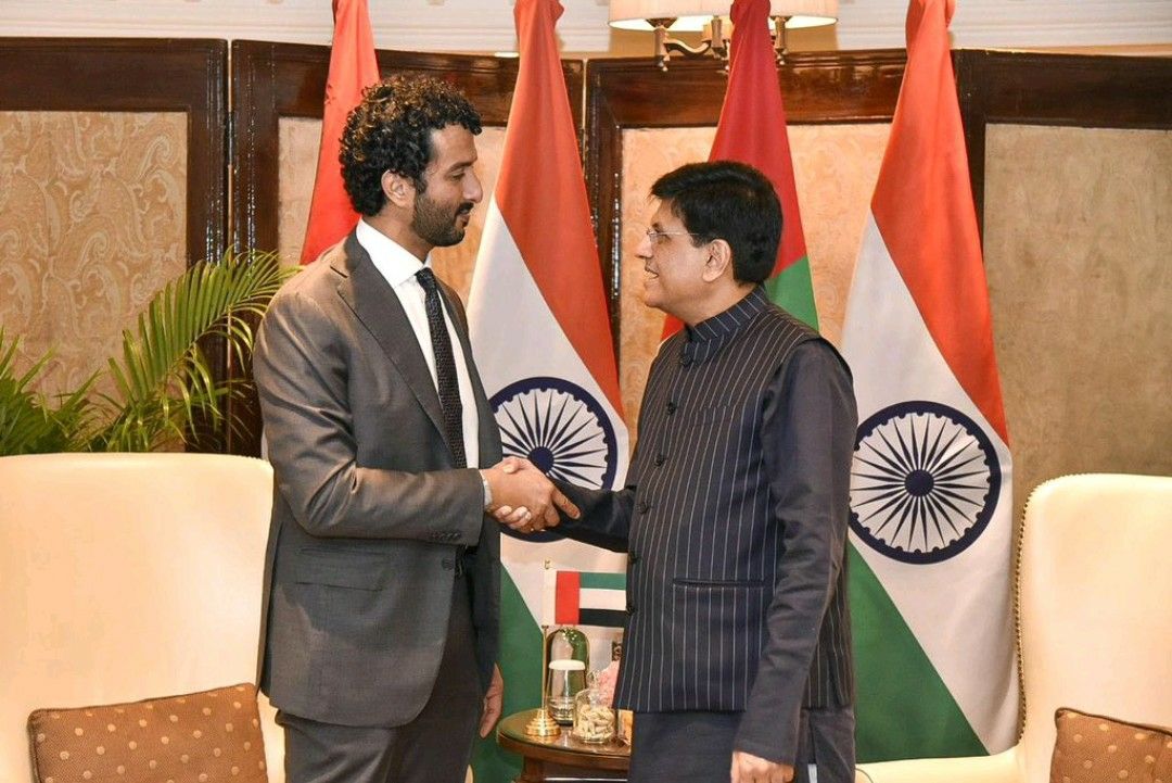 India’s Commerce and Industry Minister Piyush Goyal shakes hands with UAE Economy Minister Abdulla bin Touq Al-Marri on March 17, 2023. (Piyush Goyal)