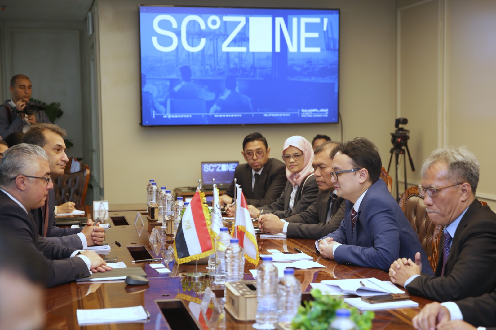 Indonesian deputy trade minister Jerry Sambuaga, second from right, sits for a meeting with officials from the Suez Canal Economic Zone on April 28, 2024. (Indonesian Embassy in Egypt)