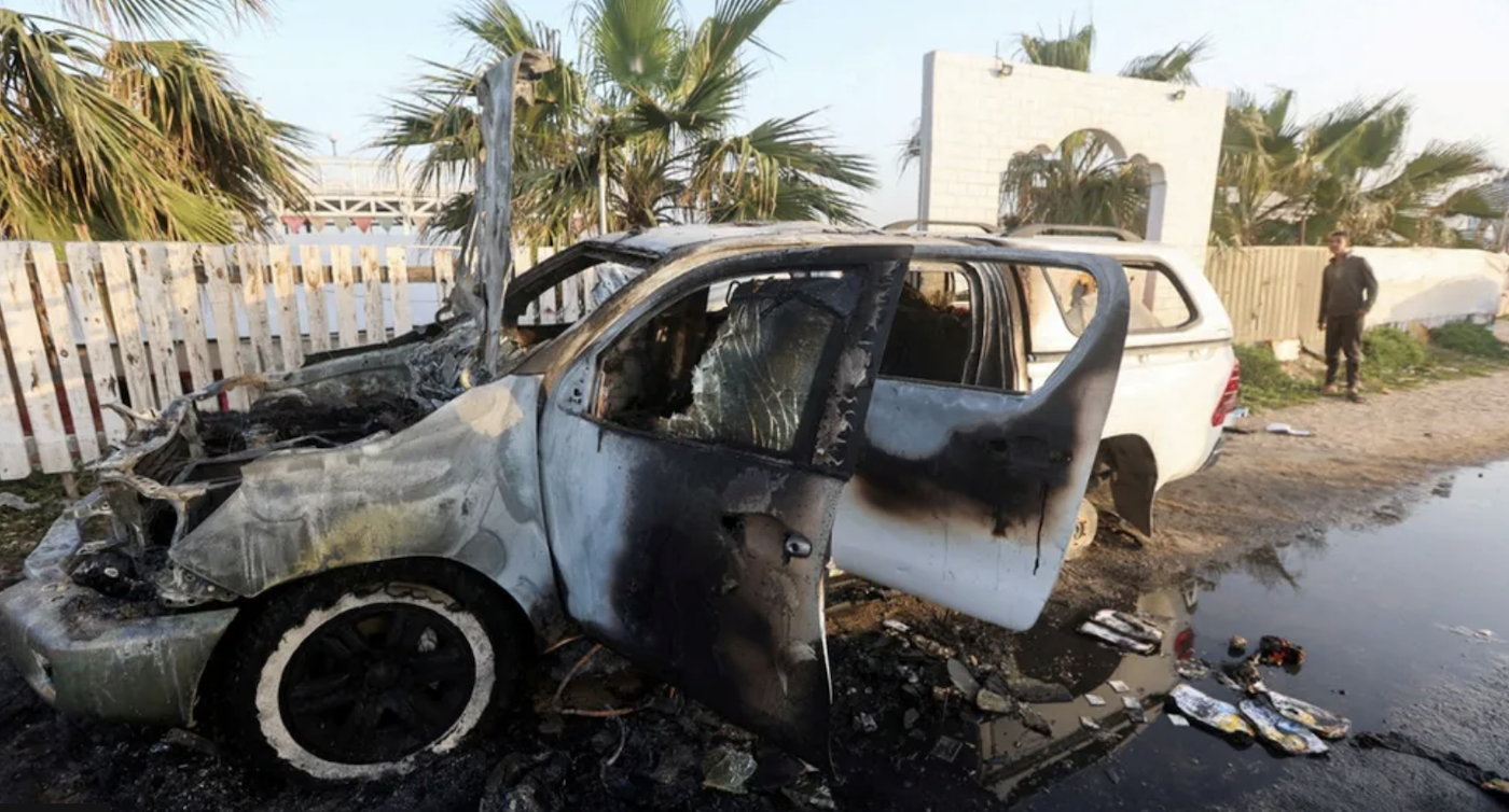 A World Central Kitchen vehicle destroyed in the Israeli airstrike in April 2024. (File/Reuters)