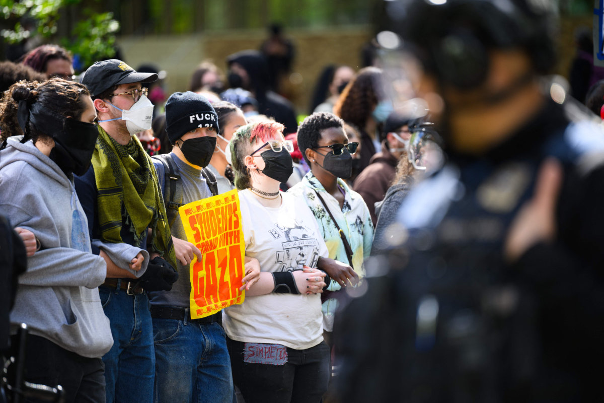 Pro-Palestinian protesters face-off with police at the Portland State University campus on May 2, 2024 in Portland, Oregon. (Getty Images/AFP)