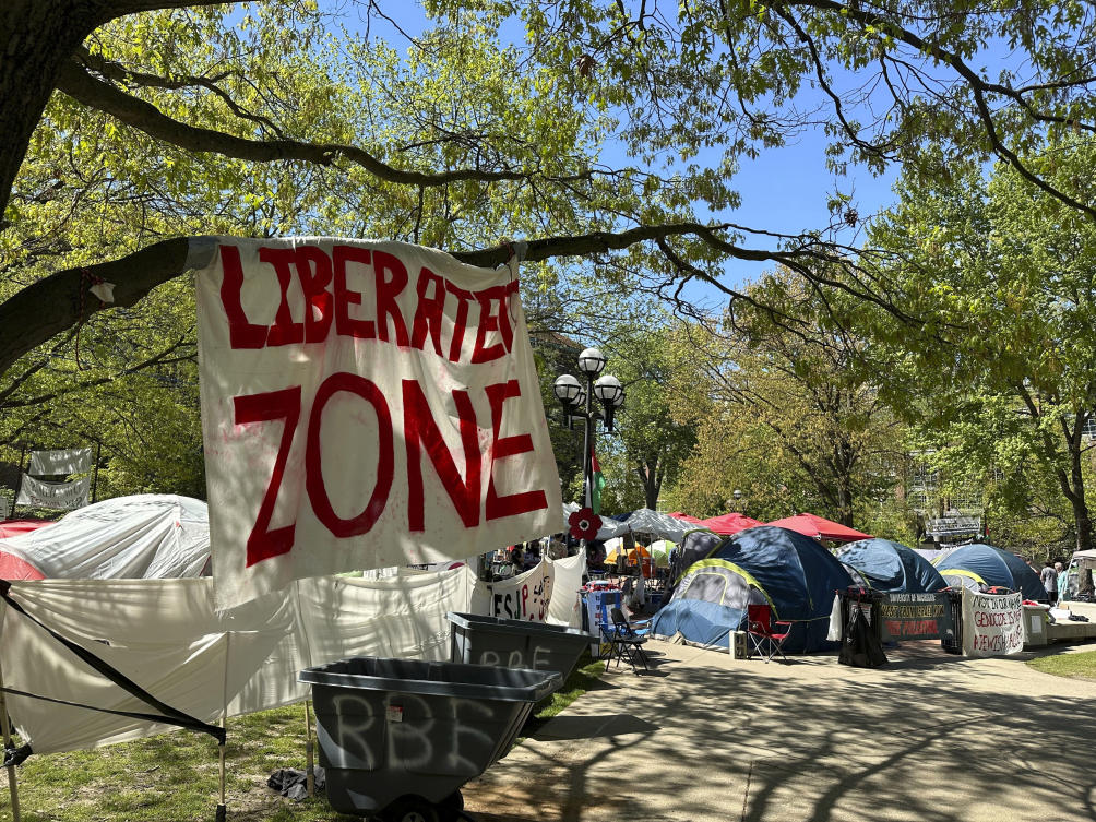 Dozens of tents were in place as part of a pro-Palestinian protest at the University of Michigan in Ann Arbor, Michigan, on May 2, 2024. (AP)