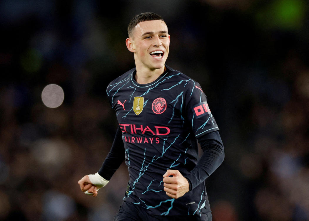 Manchester City’s Phil Foden celebrates scoring their second goal during their Premier League match against Brighton & Hove Albion at The American Express Community Stadium, Brighton on Apr. 25, 2024. (Reuters/File)