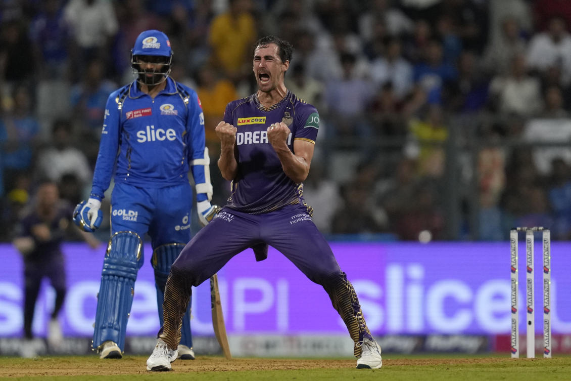 Kolkata Knight Riders' Mitchell Starc celebrates the win against Mumbai Indians in the Indian Premier League cricket match in Mumbai. (AP)