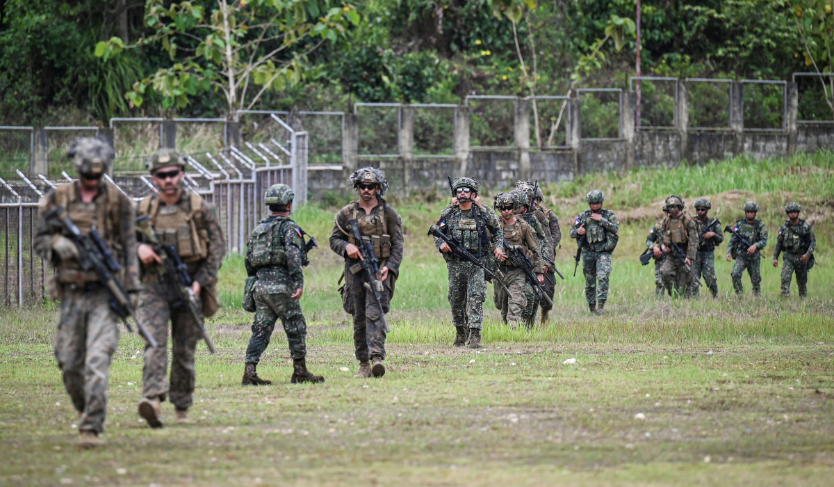 Soldiers participate in an airfield seizure exercise as part of the US-Philippines Balikatan joint military exercise at San Vicente Airport in Palawan on May 1, 2024. (AFP)
