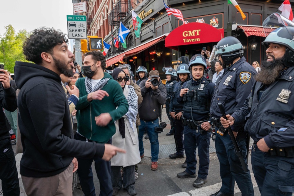 Pro Palestinian protesters gather outside of New York University (NYU) buildings in lower Manhattan on May 03, 2024. (AFP)