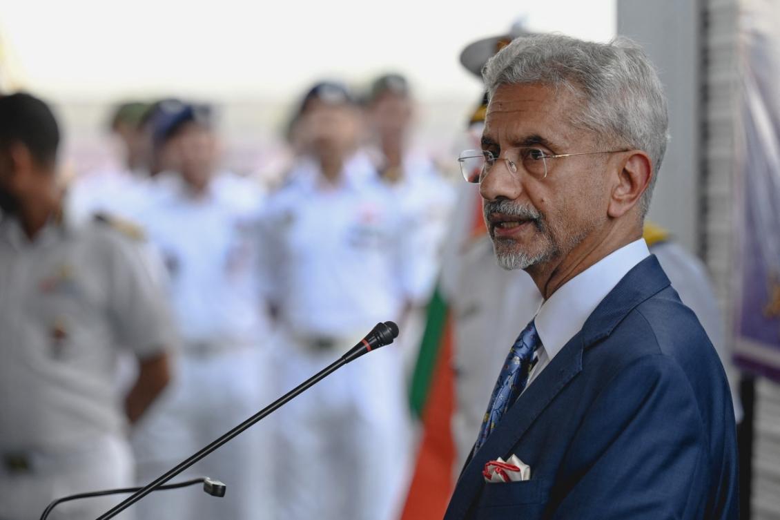 India's External Affairs Minister Subrahmanyan Jaishankar delivers a speech during his visit to the India Coast Guard Ship Samudra Paheredar docked at a port in Manila on March 26, 2024. (AFP)