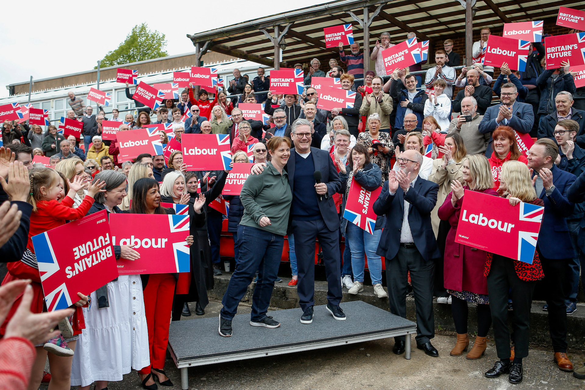 Britain's opposition Labour Party leader Keir Starmer embraces Labour's Claire Ward, after Ward was elected as East Midlands Mayor, in Mansfield, Britain, May 4, 2024. (Reuters)