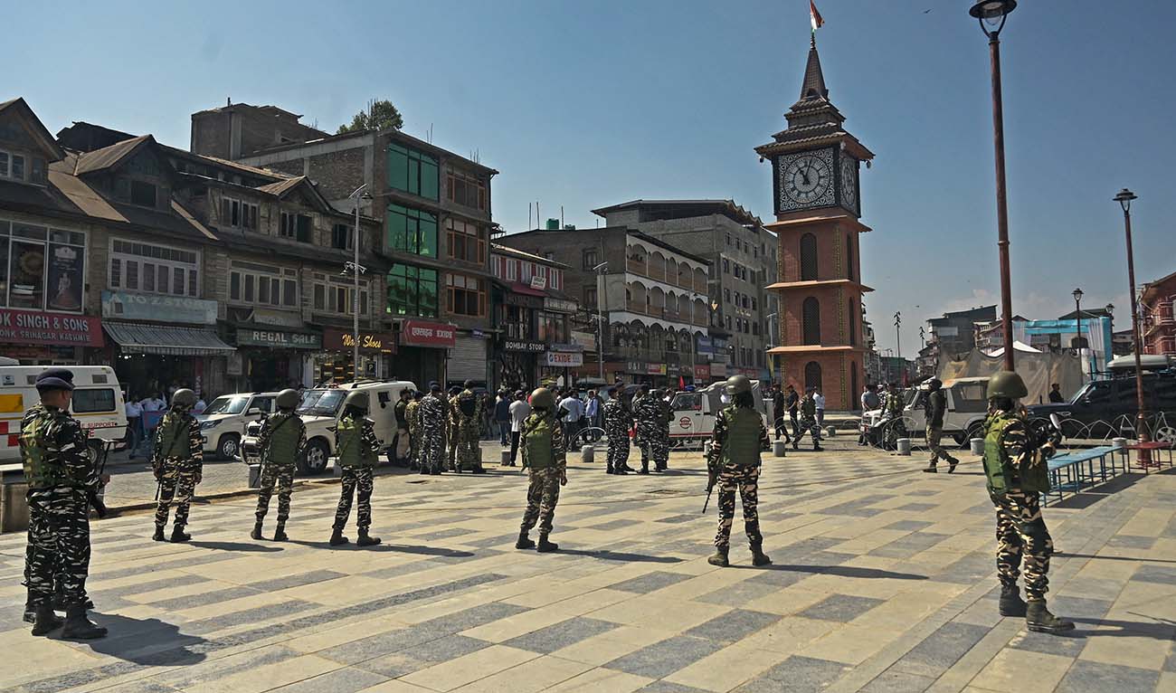 Indian paramilitary troopers stand guard during a function organised by India's Central Reserve Police Force (CRPF) at the Clock Tower in Srinagar on October 3, 2023. (AFP/File)