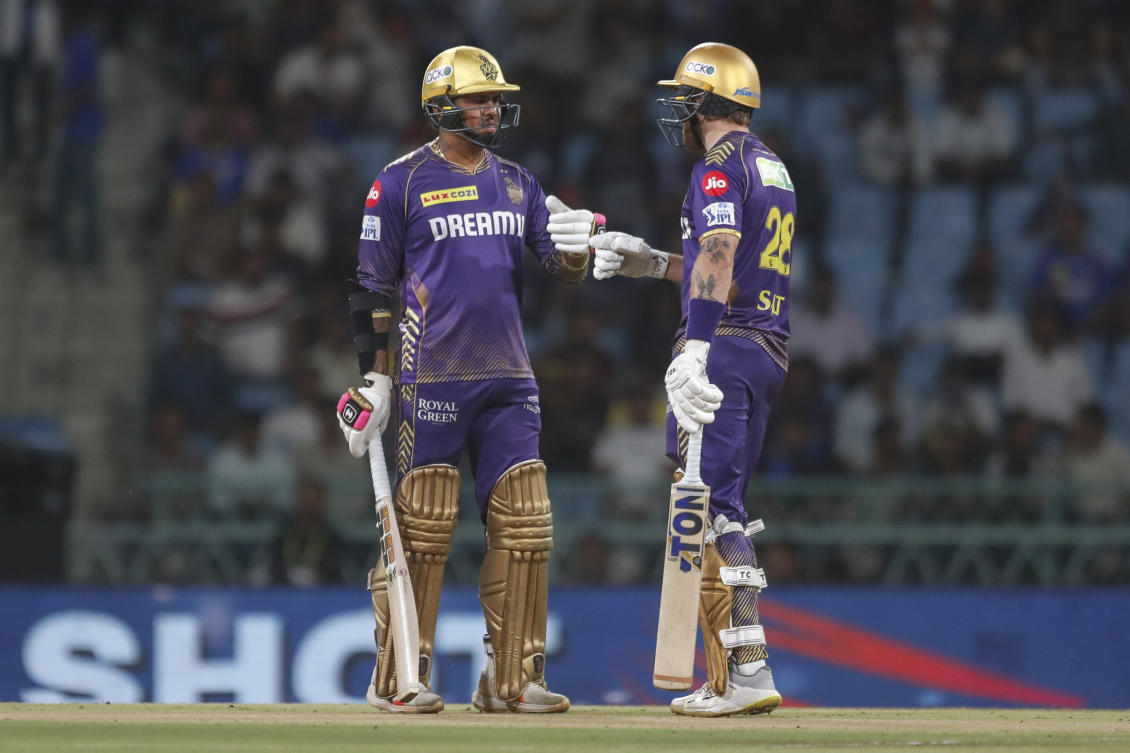 Kolkata Knight Riders’ Phil Salt, right, and Sunil Narine encourage each other as they bat during the IPL match between Lucknow Super Giants and Kolkata Knight Riders in Lucknow. (AP)