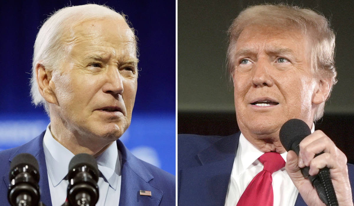 In this combination photo, President Joe Biden speaks May 2, 2024, in Wilmington, N.C., left, and Republican presidential candidate former President Donald Trump speaks at a campaign rally, May 1, 2024, in Waukesha, Wis. (AP)