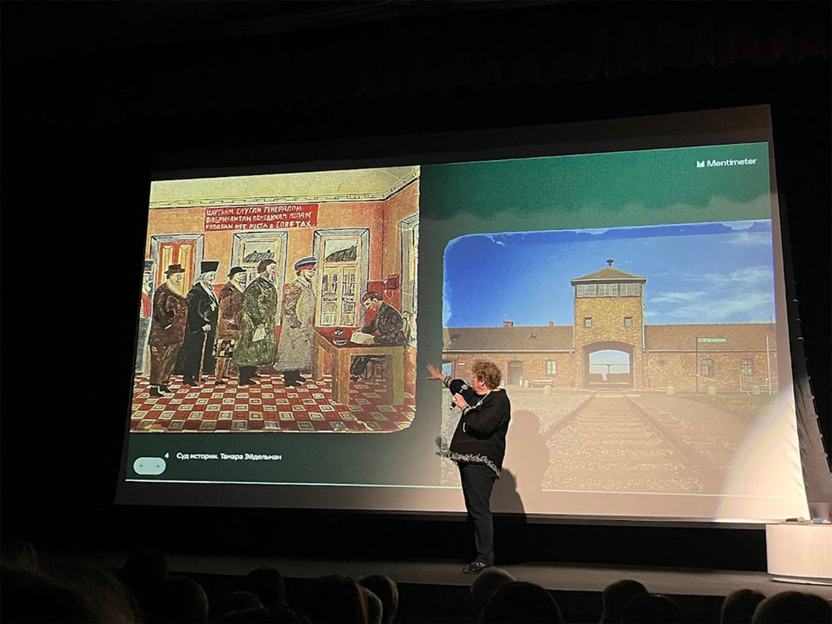 Exiled Russian historian Tamara Eidelman delivers a lecture titled “The Judgment of History” at the Bender JCC of Greater Washington community center in Rockville, Maryland, on April 25, 2024. (AFP)