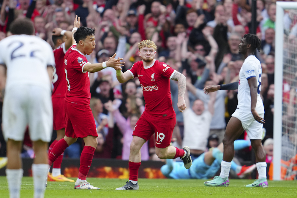 Liverpool’s Harvey Elliott celebrates scoring his side’s fourth goal during the English Premier League match between Liverpool and Tottenham Hotspur at Anfield Stadium in Liverpool, England on May 5, 2024. (AP)