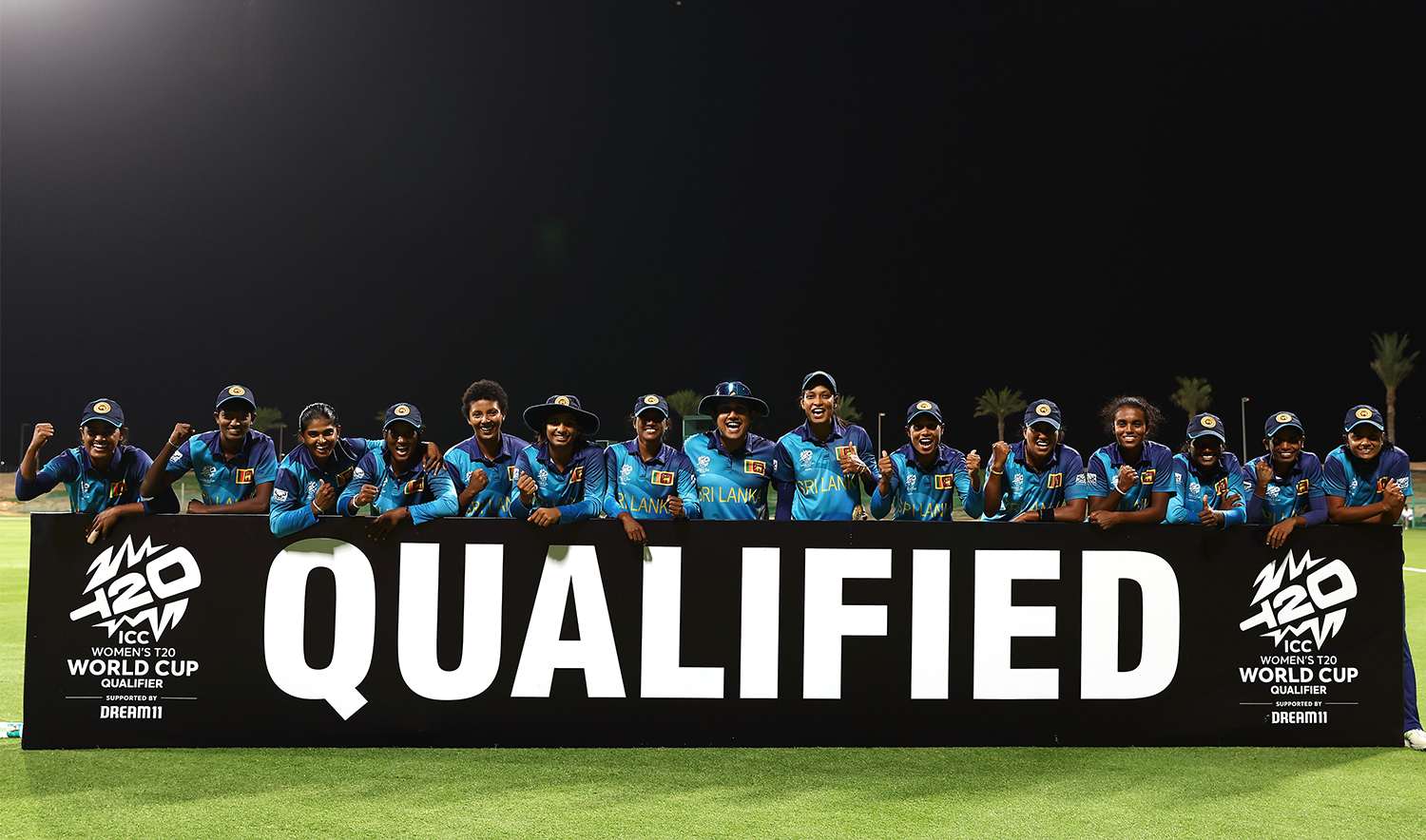 Sri Lankan women cricket team celebrates after qualifying for women’s T20 World Cup in Abu Dhabi, Dubai on May 5, 2024. (ICC)