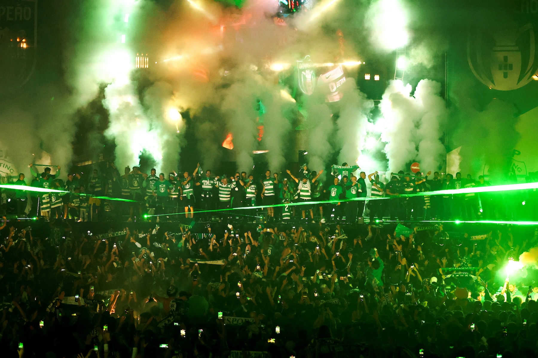 Sporting Lisbon team celebrate with their supporters after winning the Portuguese League, in Lisbon, Portugal, May 6, 2024. (Reuters)