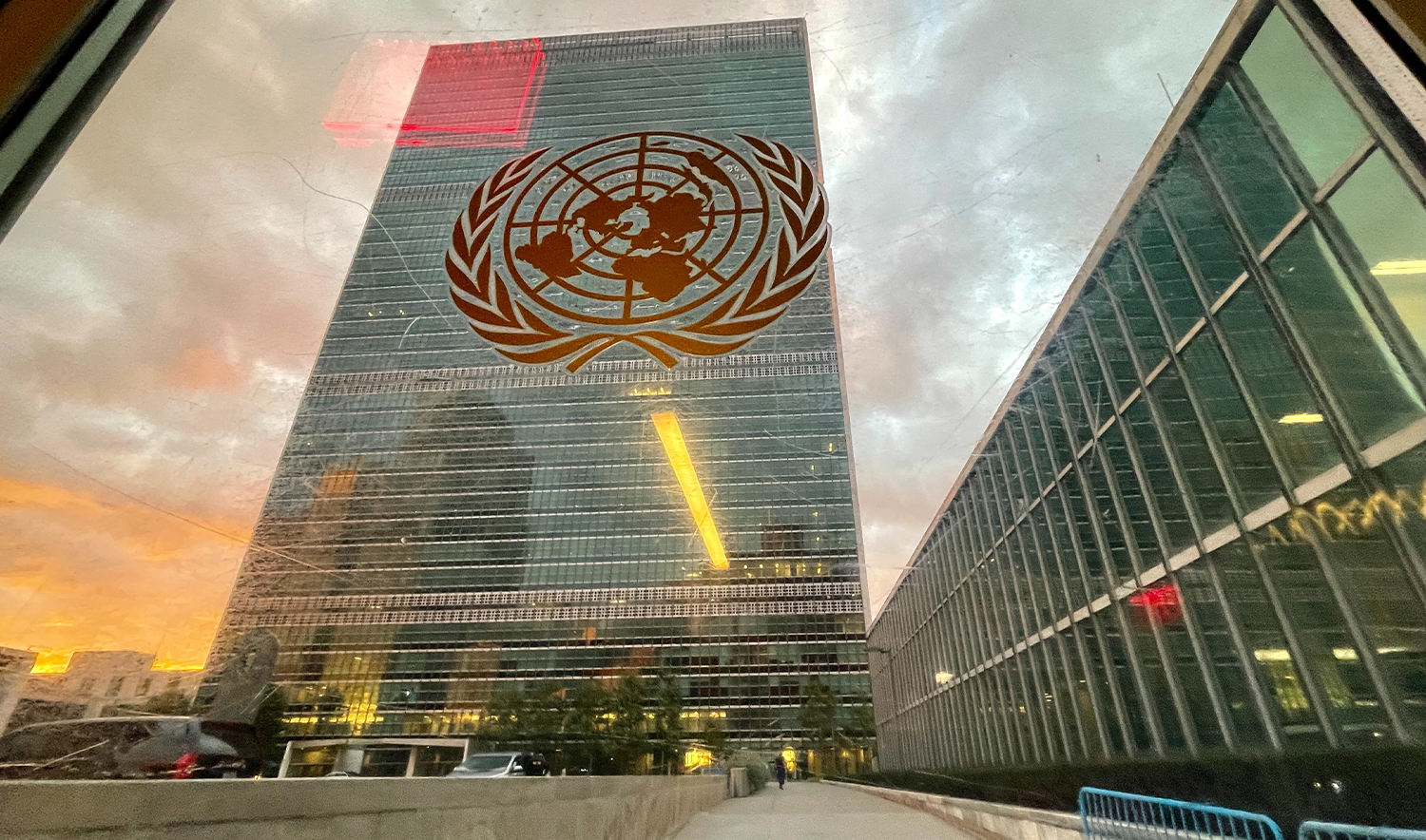 The United Nations headquarters building is seen from inside the General Assembly Hall in New York, US on September 21, 2021. (AFP/File)