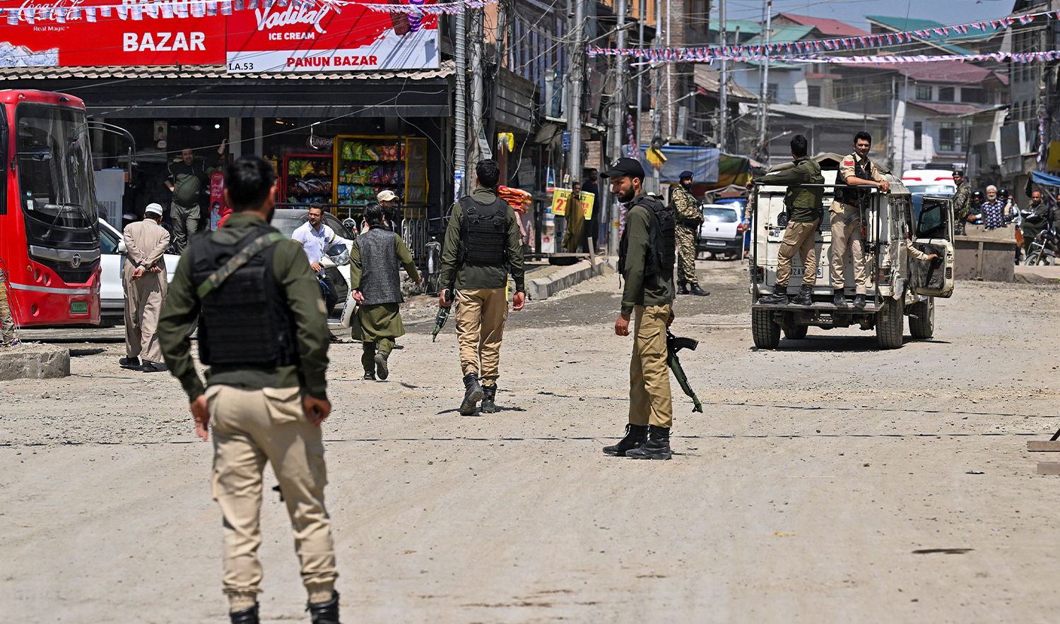 Security personnel patrol during an election campaign rally near Jamia Masjid mosque in Srinagar on May 6, 2024, ahead of the third phase voting in India's general election. (AFP/File)
