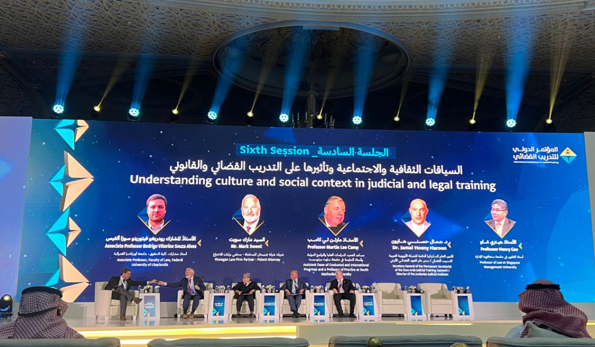 The panel included Rodrigo Alves, professor of law at the Federal University of Uberlandia, Mark Sweet, a partner at the Finnegan law firm, Jamal Haroun, secretary-general of the permanent secretariat of the Euro-Arab Judicial Training Network, and Henry Gao, professor of law at Singapore Management University. (AN photo by Sulafa Alkhunaizi)