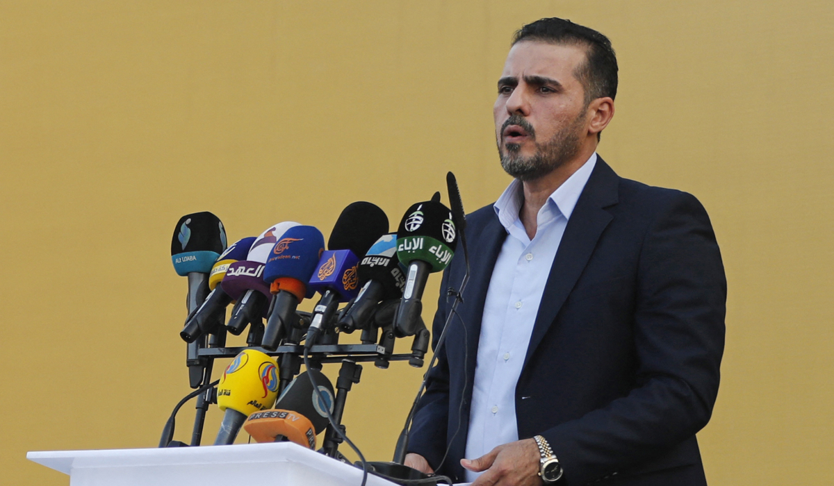 Abu Ali al-Askari, spokesperson of Iraqi Kataeb Hezbollah, speaks during a campaign rally in Baghdad. (AFP file photo)