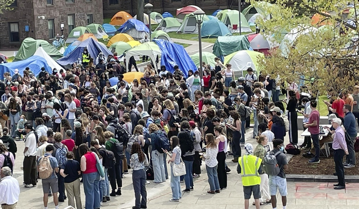 Graduate student Bataya Kline speaks at a Pro-Palestinian rally Monday, May 6, 2024 at Wesleyan University in Middletown, Conn. where a weeklong encampment has grown to more than 100 tents. (AP)