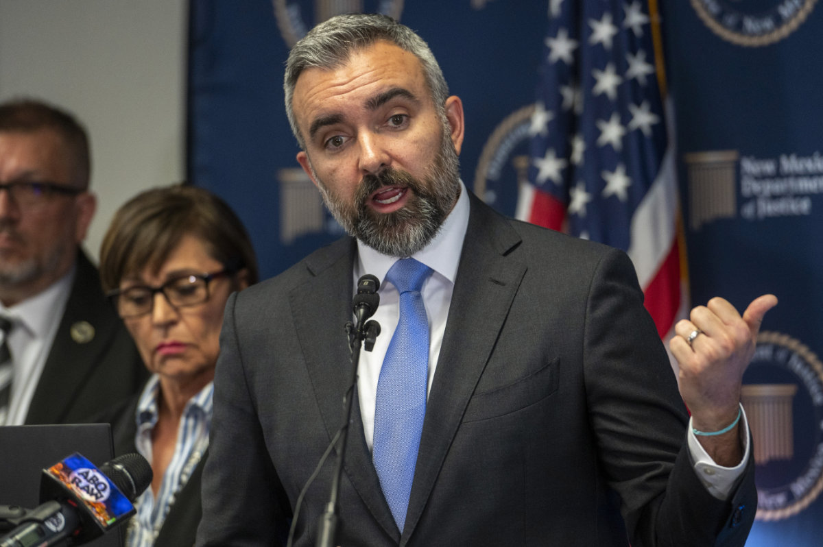 New Mexico Attorney General Raúl Torrez announced charges on May 8, 2024, against three men who are accused of using Meta's social media platforms to target and solicit sex with underage children. (The Albuquerque Journal via AP)