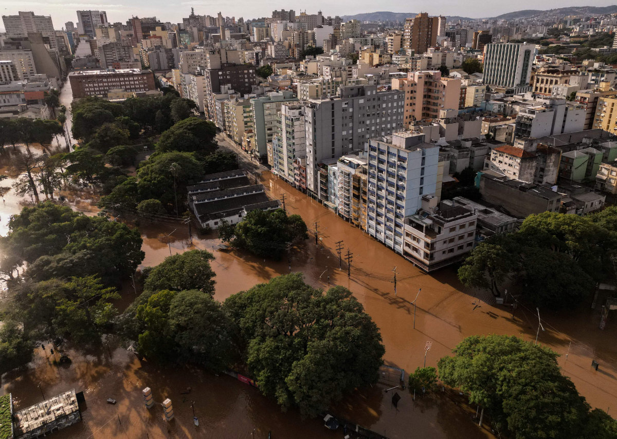 Aerial view of a flooded area of Porto Alegre, Rio Grande do Sul state, Brazil, taken on May 8, 2024. (AFP)