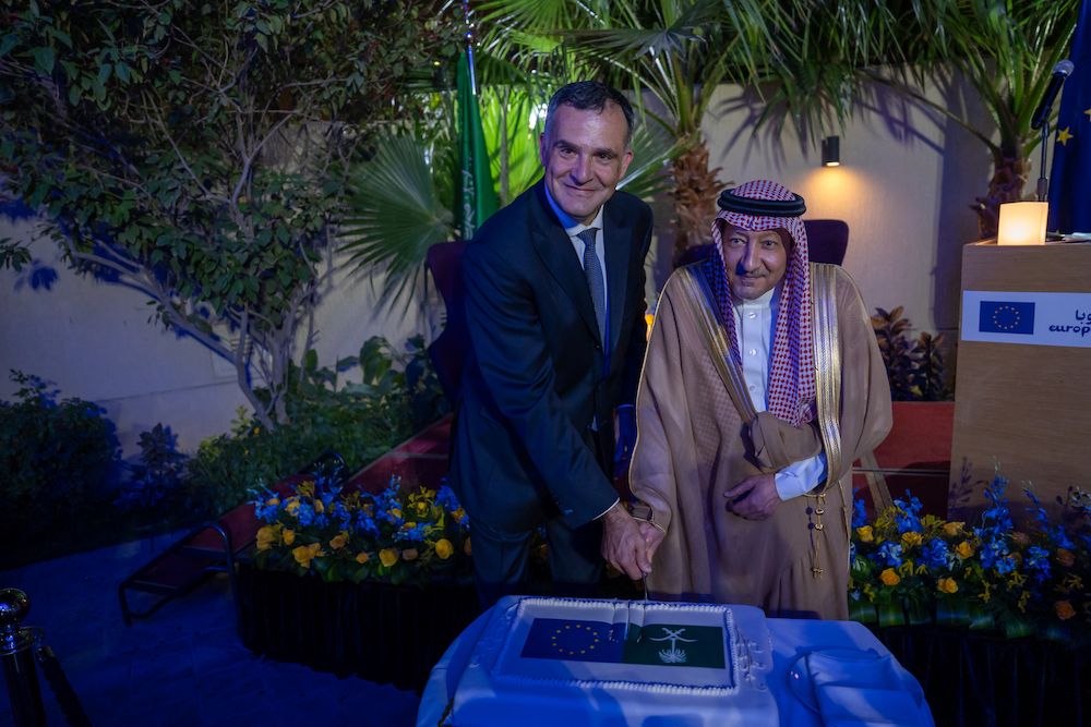 Christophe Farnaud, the EU ambassador to Saudi Arabia, Bahrain, and Oman, marked his first Europe Day celebration in the Kingdom in his residence in the diplomatic quarter. (AN Photo/Huda Bashatah)
