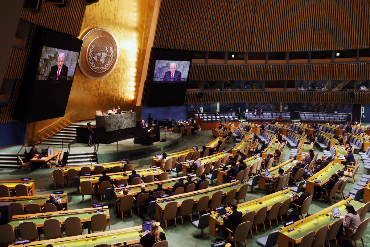 Palestinian President Mahmud Abbas speaks at the 77th session of the UN General Assembly on Sept. 23, 2022 in New York City. A draft resolution introduced by the UAE proposes that “the State of Palestine is qualified for membership in the United Nations in accordance with article 4 of the Charter and should therefore be admitted." (Getty Images via AFP)