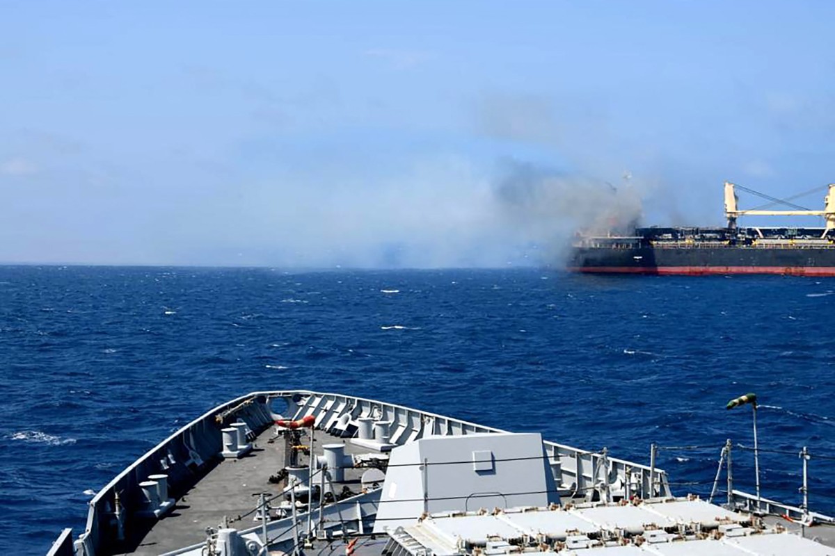 File photo shows the Barbados-flagged bulk carrier following a attack by Yemen's Huthi rebels, in Gulf of Aden. A missile fired by Yemen's Huthi rebels hit a bulk carrier in the Gulf of Aden on March 6, with the crew reporting three people killed and at least four wounded, the US military said (AFP)|