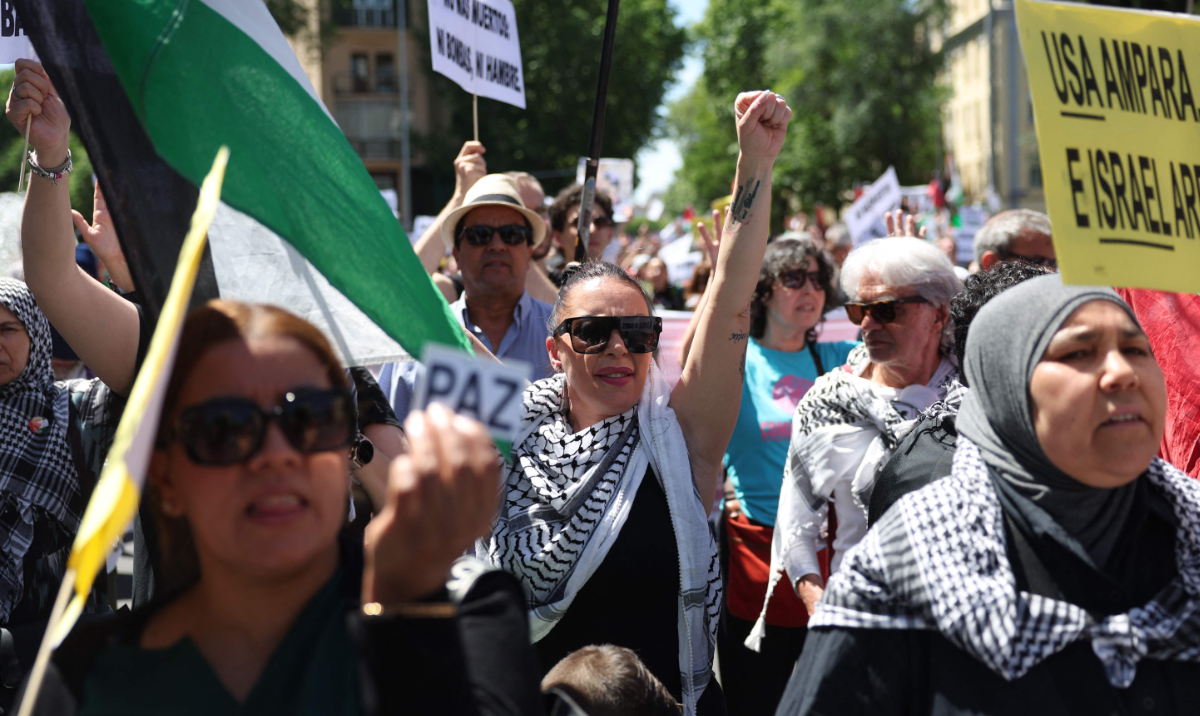 People demonstrate in support of the Palestinian people from the Gaza Strip, in Madrid on May 11, 2024. (AFP)