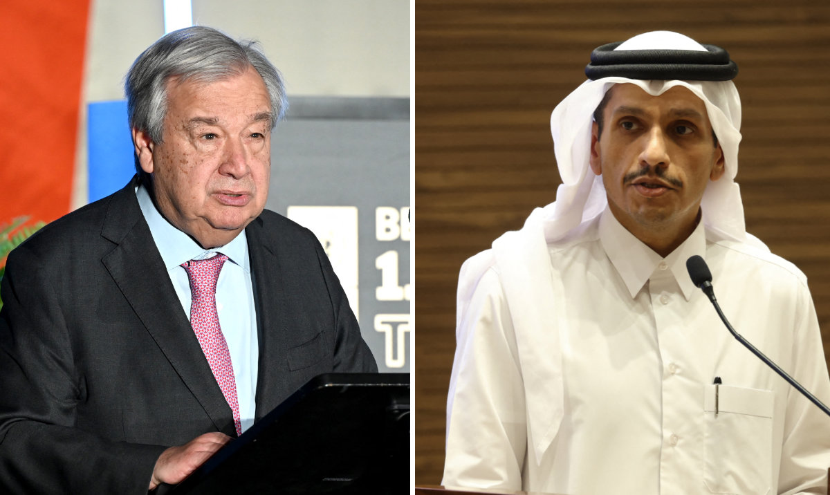 Qatar’s Prime Minister and Foreign Minister Sheikh Mohammed bin Abdulrahman, right, and UN Secretary-General Antonio Guterres. (AFP photos)