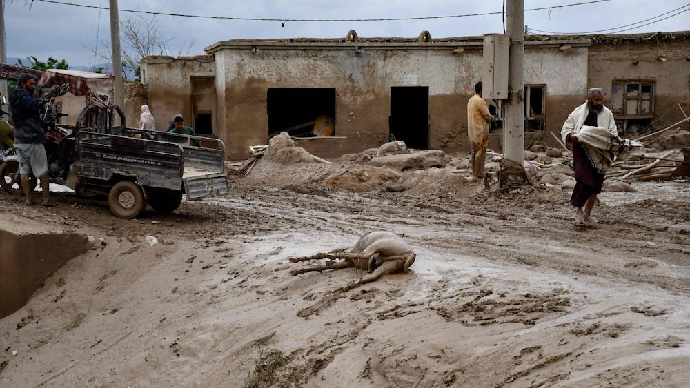 Afghan men walk past the dead body of a donkey along a street covered in mud following flash floods after heavy rainfall at a village in Baghlan province on May 11, 2024. (AFP)